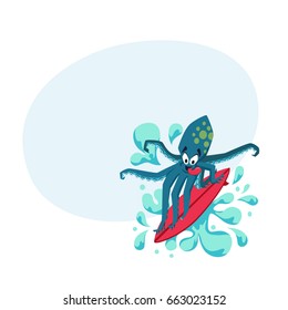 Surfer cool octopus on wave. Fun print with cute monsters vector illustration. Comic sea character on surfboard. Water sports 
