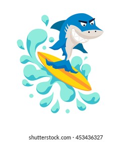 Surfer cool shark on wave. Surfing monsters. Fun print with cute shark vector illustration. Comic sea character. Water sports kid poster. 