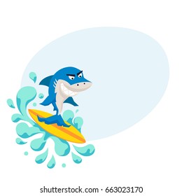 Surfer cool shark on wave. Fun print with cute monsters vector illustration. Comic sea character on surfboard. Water sports 