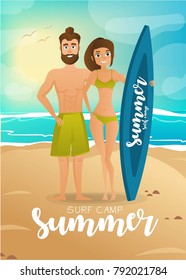 Surfer couple at the beach cartoon characters vector illustration. Healthy and fitness. Body template for design work.  EPS 10 vector