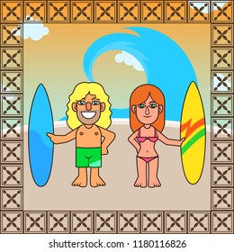 Surfer Couple get poses front The Ocean Waves with sunset view, Summer Holiday post card cartoon vector