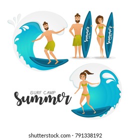 Surfer couple set. Cartoon characters vector illustration. Healthy and fitness. Body template for design work.  EPS 10 vector isolated on whie