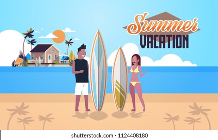 surfer couple summer vacation man woman surf board on sunset beach villa house tropical island lettering flat vector illustration