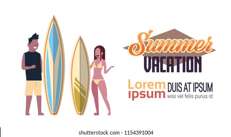 surfer couple summer vacation man woman surf board isolated white background copy space flat vector illustration