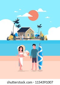 surfer couple summer vacation man woman surf board on sunset beach villa house tropical island vertical flat vector illustration