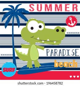 surfer crocodile on the beach vector illustration