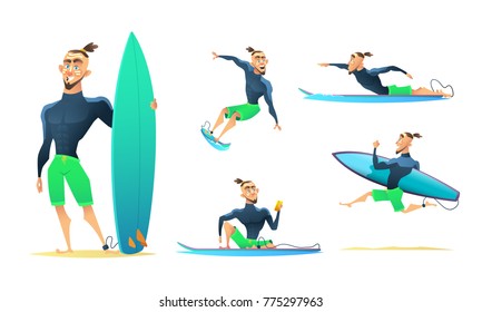 Surfer in different dynamic poses, standing, running, floating, surfing. Cartoon character design vector illustration