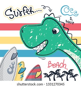 Surfer dinosaur cartoon with surfboards on a beach illustration vector, T-shirt design for kids.