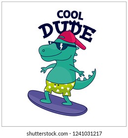 Surfer dinosaur character design.Fun t-shirt design for kids.Cute dinosaur drawing.Vector illustration design for fashion fabrics, textile graphics, print.
