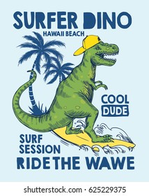 Surfer dinosaur character vector illustration for t shirt and other uses