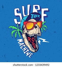 Surfer dinosaur illustration vector. T shirt graphic design for kids