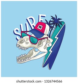 Surfer dinosaur illustration vector.Dinosaur,surfboard,palm drawing. T shirt graphic design for kids.