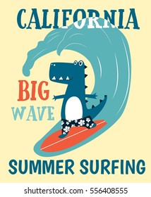 Surfer dinosaur print design with slogan. Vector illustration design for fashion fabrics, textile graphics, prints.	