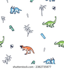 Surfer dinosaur seamless pattern.Dinosaur drawing.Fun t-shirt design for kids. Fashion fabrics, textile graphics, vector print.