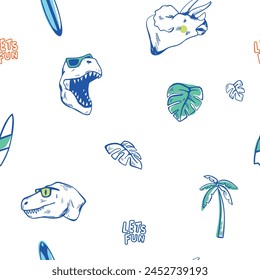 Surfer dinosaur seamless pattern.Dinosaur, palm tree, surfboard drawing.Fun t-shirt design for kids. Fashion fabrics, textile graphics, vector print.