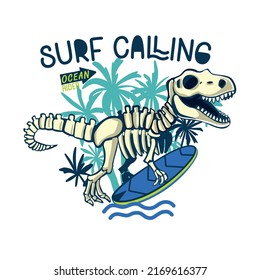 El esqueleto de los dinosaurios surfistas. Dinosaurio, tabla de surf, impresión vectorial de palmeras. Diseño de camisetas divertidas para niños. Diseño de personajes de dinosaurio.