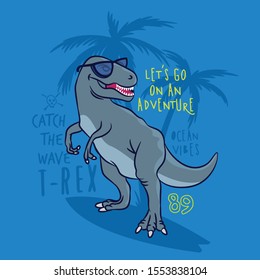 Surfer dinosaur. Dinosaur, surfboard, palm vector print. Fun t-shirt design for kids.Cute Dinosaur character design.