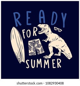 Surfer dinosaur t-shirt design.Ready for summer typography.Funny vector print.