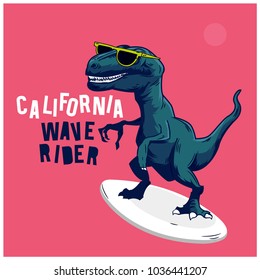 Surfer dinosaur vector design.Funny t-shirt print for kids.