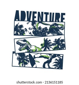 Impresión vectorial de los dinosaurios surfistas.Dinosaurio y palmera.Diseño divertido de camisetas para niños.Diseño de ilustraciones vectoriales para telas de moda, gráficos textiles, impresión.