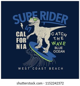 Surfer dinosaur vector print.Funny hand drawing.Summer theme illustration.Dinosaur, surfboard, wave vector illustration.