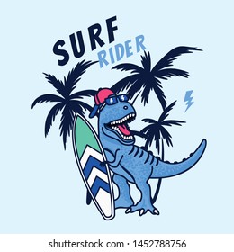 Surfer dinosaur.Dinosaur,surfboard,palm vector print. Fun t-shirt design for kids.Cute Dinosaur character design.