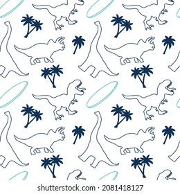 Surfer dinosaurs seamless pattern. Dinosaur,surfboard,palm tree vector print. Fun t-shirt design for kids.Cute Dinosaur character design.