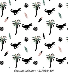 Surfer dinosaurs seamless pattern. Dinosaur,surfboard,palm tree vector print. Fun t-shirt design for kids.Cute Dinosaur character design.