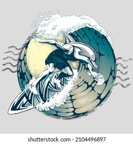 Surfer dolphin surfing a wave, dolphin mascotte of a surf team