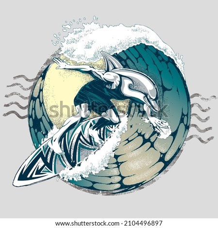 Surfer dolphin surfing a wave, dolphin mascotte of a surf team