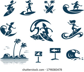 Surfer Drawing Silhouette Set. Surfing Sport Symbols, Waves, Water