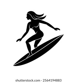 Surfer Female Silhouette with Surfboard Vector