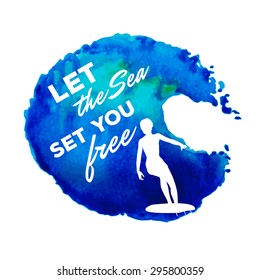 Surfer figure on the watercolor wave background