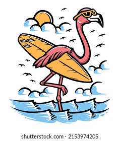 Surfer flamingo on the beach