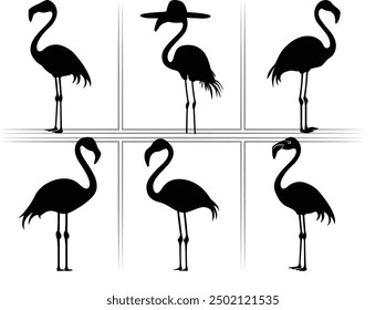 Surfer flamingo vector silhouette, black summer flamingo silhouette, Black silhouette of tropical bird flamingo Clipart