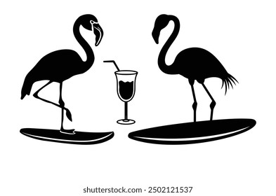 Surfer flamingo vector silhouette, black summer flamingo silhouette, Black silhouette of tropical bird flamingo Clipart