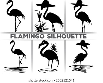 Surfer flamingo vector silhouette, black summer flamingo silhouette, Black silhouette of tropical bird flamingo Clipart