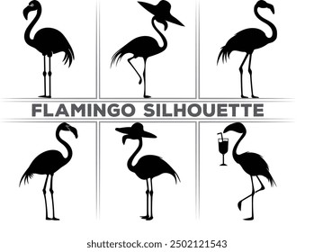 Surfer flamingo vector silhouette, black summer flamingo silhouette, Black silhouette of tropical bird flamingo Clipart