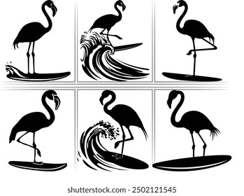 Surfer flamingo vector silhouette, black summer flamingo silhouette, Black silhouette of tropical bird flamingo Clipart