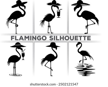 Surfer flamingo vector silhouette, black summer flamingo silhouette, Black silhouette of tropical bird flamingo Clipart