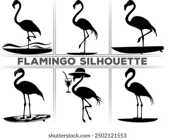 Surfer flamingo vector silhouette, black summer flamingo silhouette, Black silhouette of tropical bird flamingo Clipart