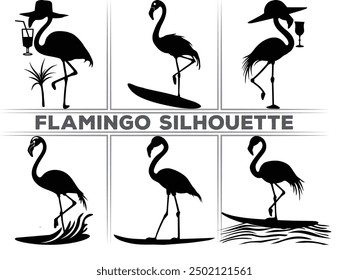 Surfer flamingo vector silhouette, black summer flamingo silhouette, Black silhouette of tropical bird flamingo Clipart