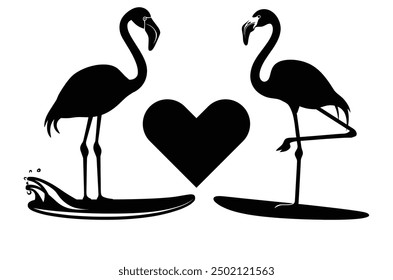 Surfer flamingo vector silhouette, black summer flamingo silhouette, Black silhouette of tropical bird flamingo Clipart