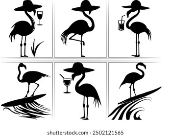 Surfer flamingo vector silhouette, black summer flamingo silhouette, Black silhouette of tropical bird flamingo Clipart