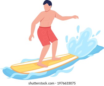 Surfer flat color vector faceless character. Man riding surfboard. Summer recreational activity. Extreme water sport isolated cartoon illustration for web graphic design and animation