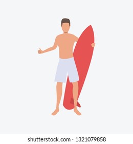 Surfer flat icon. Man, surf board, swimming shorts, thumb up. Activity concept. Can be used for topics like beach, surfing, summer vacation