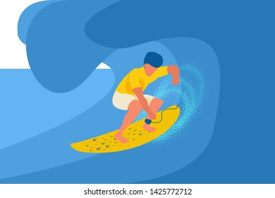 Surfer flat vector illustration. Summer vacation vector illustration. Beach relax sport.