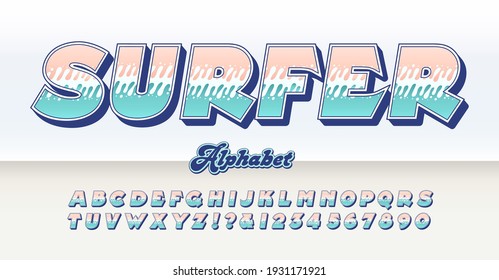 Surfer font; a multicolored dimensional alphabet suited to surfing themes, surfboard logos, hoodies, tees, beachwear, etc.