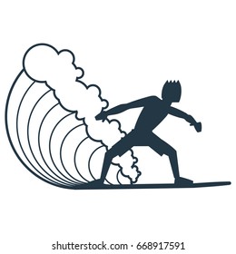 Surfer in front of & riding a wave silhouette.