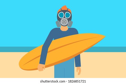 Surfer in gas mask holds surfboard on background of sea and sand. Pacific Ocean Water Pollution Concept. Beach hazardous to health. Environmental disaster and problem.Vector flat illustration.
